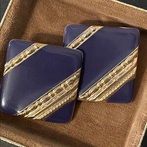 Vintage Givenchy Blue Enamel & Gold Chain Oversized Clip-on Earrings
